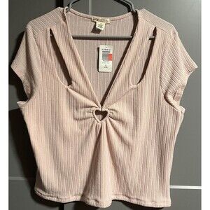 NWT Torrid Festi Womens Heart Cut Out Ribbed Short Sleeve T-Shirt Pink Size 1